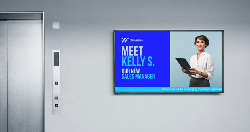 Corporate office digital signage displaying company announcements and internal communications