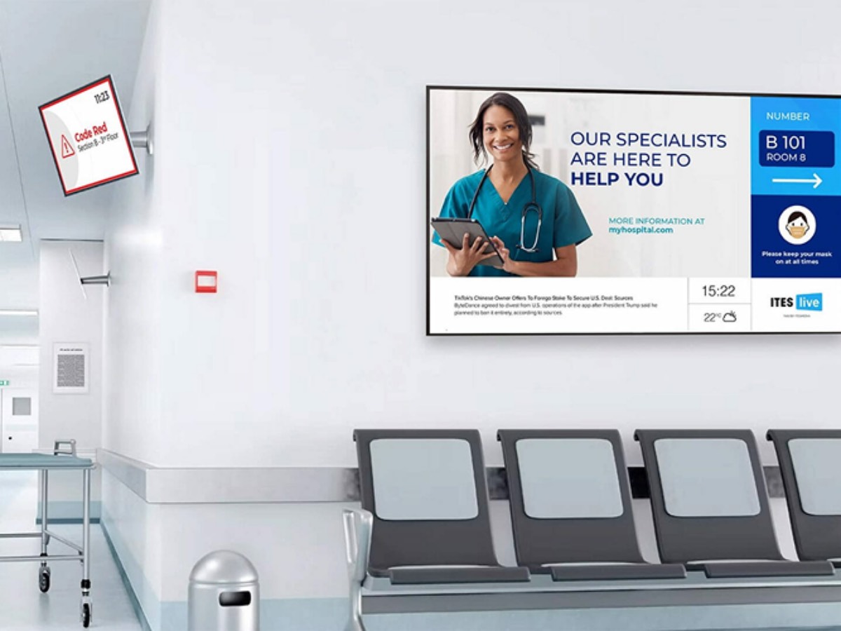 Healthcare facility waiting room digital display showing patient information and health tips